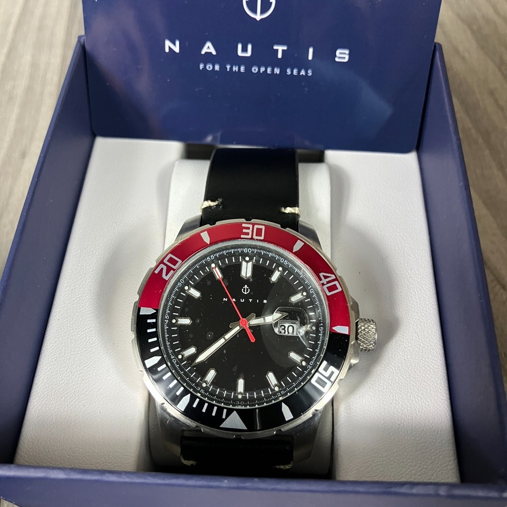 Nautis‎ Dive Pro 200 Leather-Band Watch w/Date - Black & Red NEW
